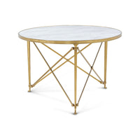 Round marble top table with gold metal legs.