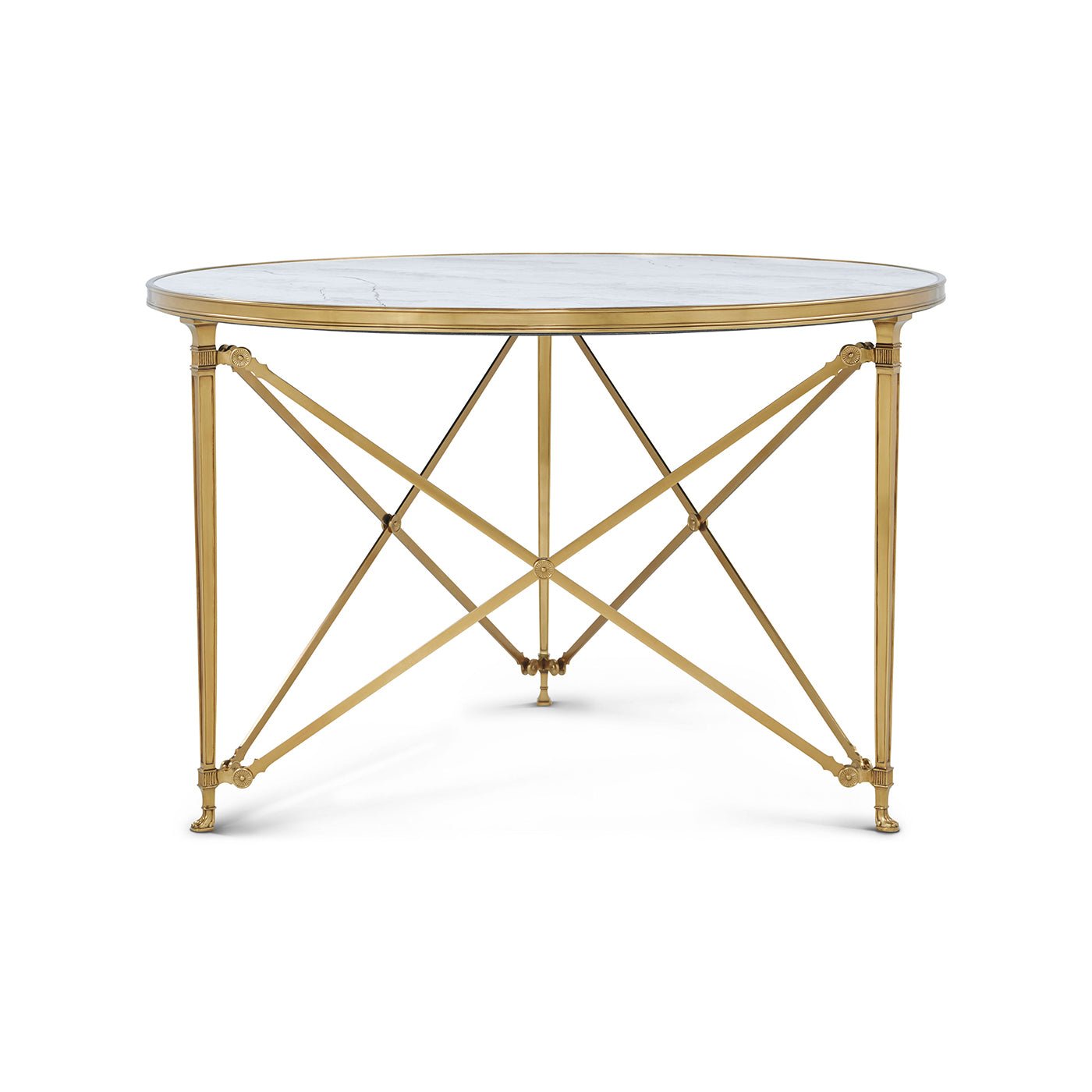 Side view, gold cross-brace legs, round table design.
