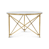 Side view, gold cross-brace legs, round table design.