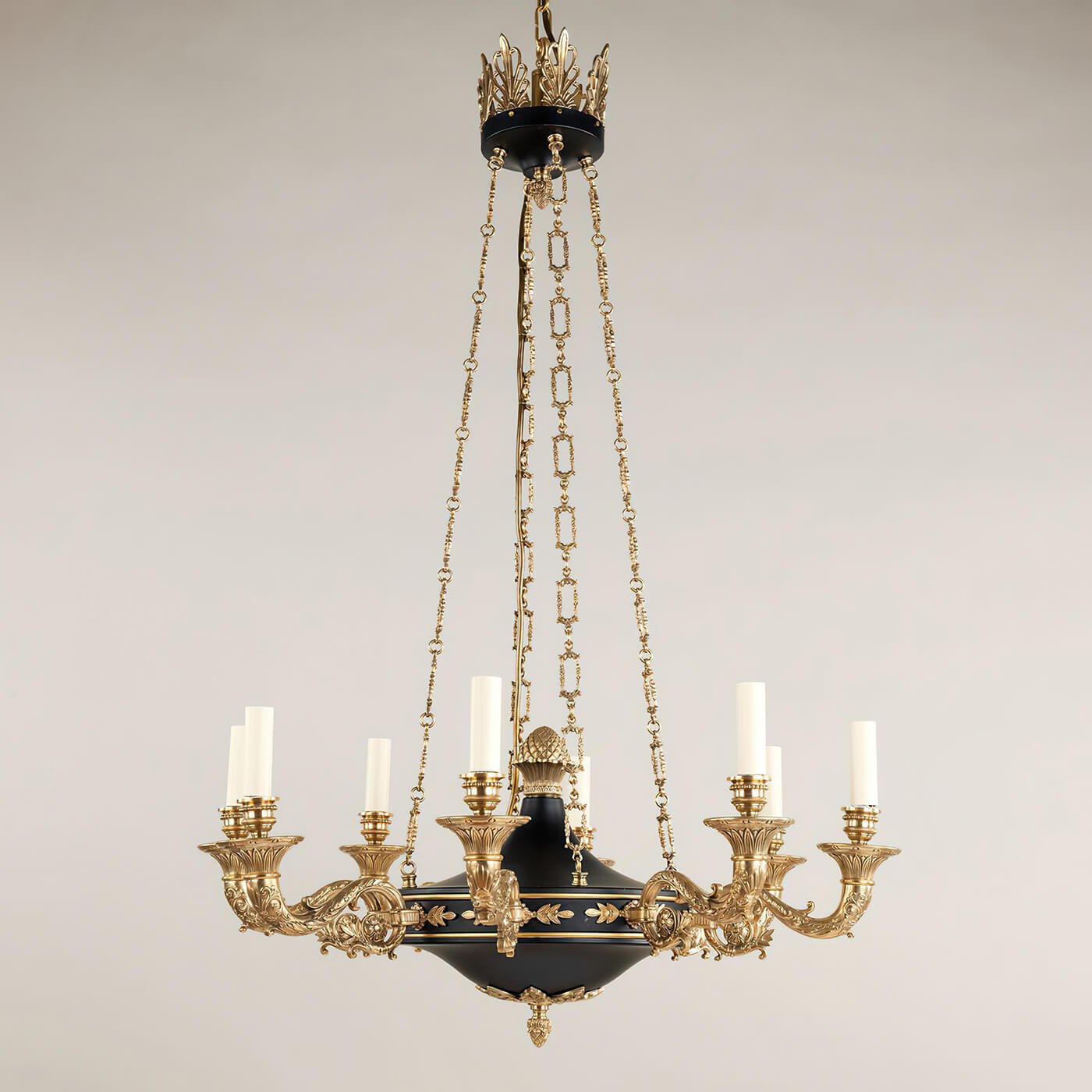 French Empire chandelier, side view, elegant design, eight lights.