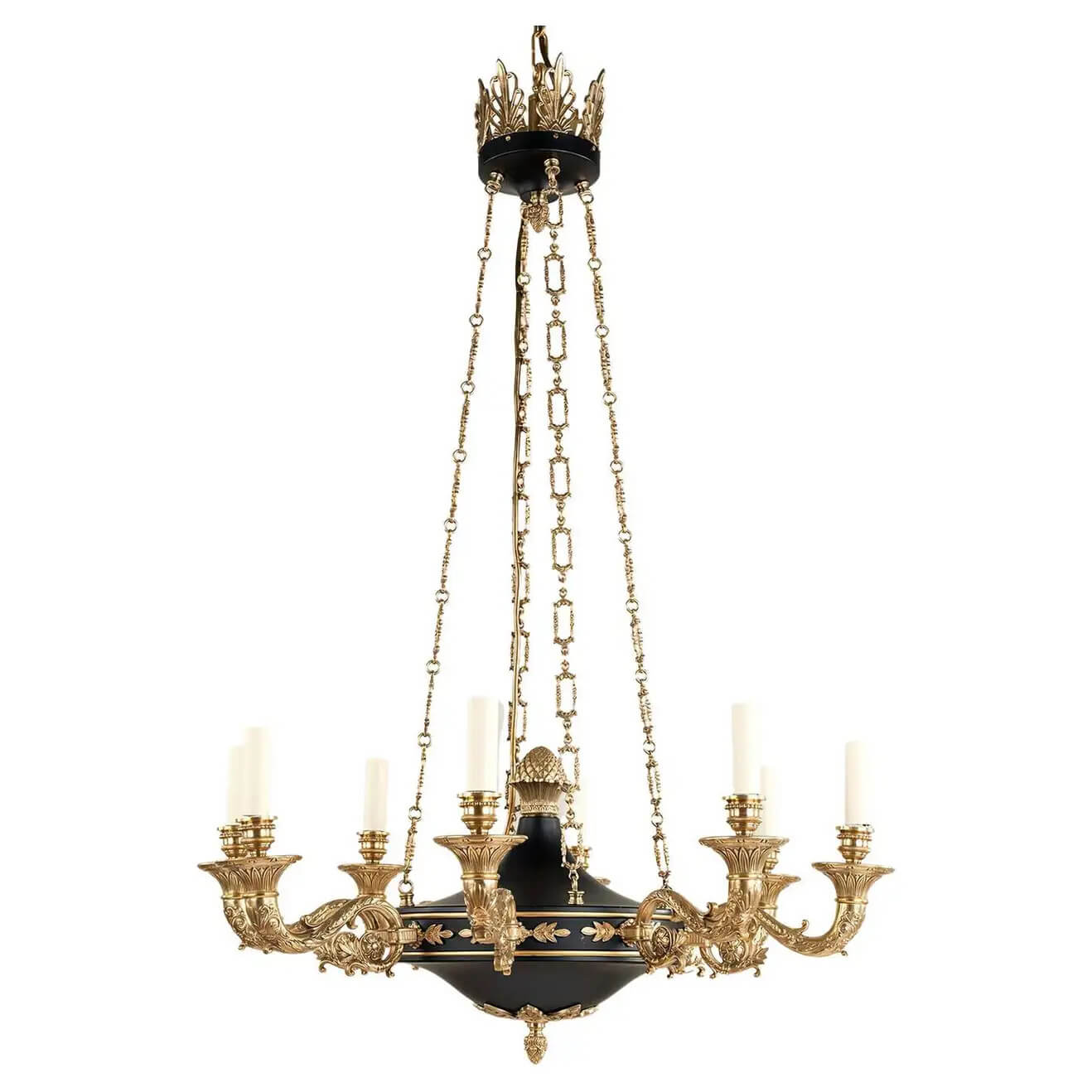 French Empire chandelier, full view, gold detailing, eight lights.