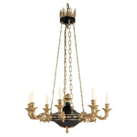French Empire chandelier, full view, gold detailing, eight lights.