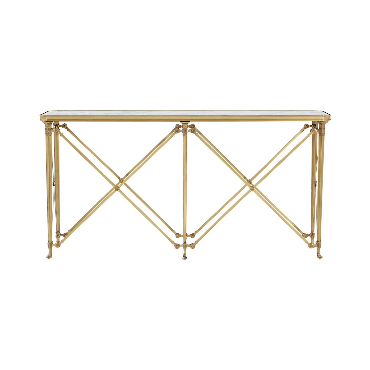 Front view of marble top console table with gold legs.