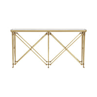 Front view of marble top console table with gold legs.