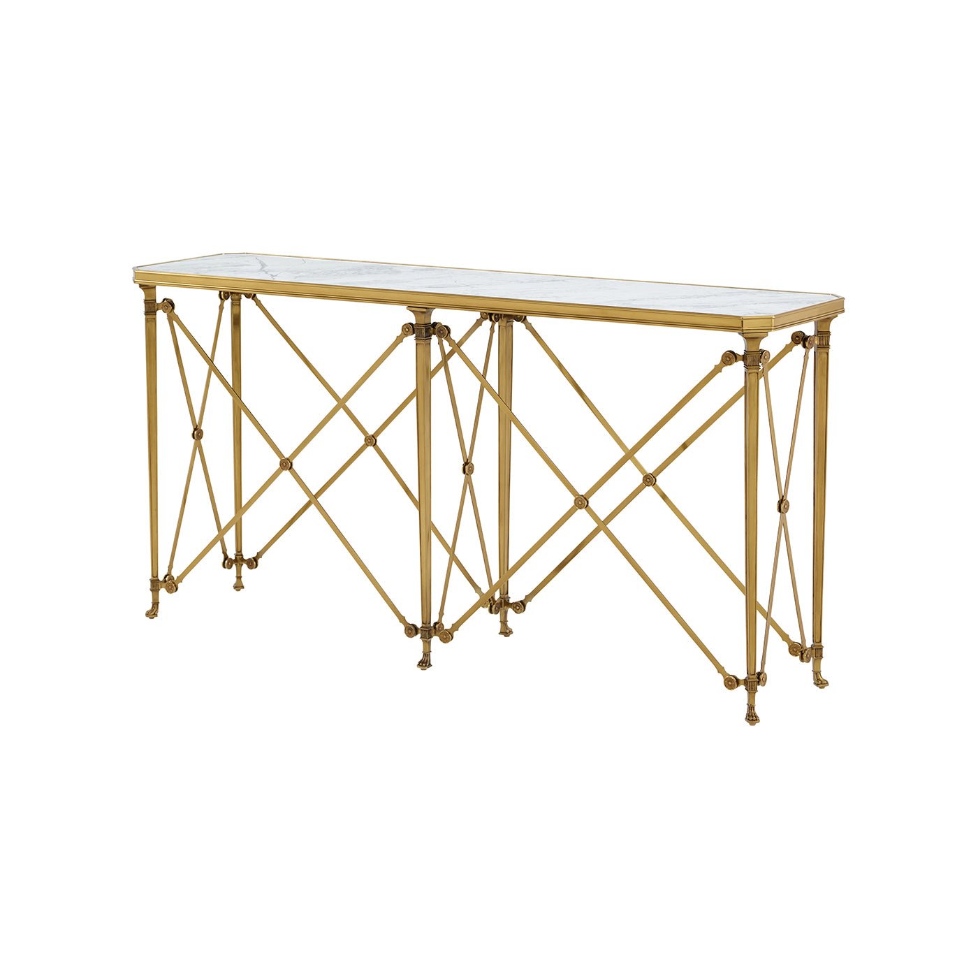 Elegant console table with gold frame and marble top.