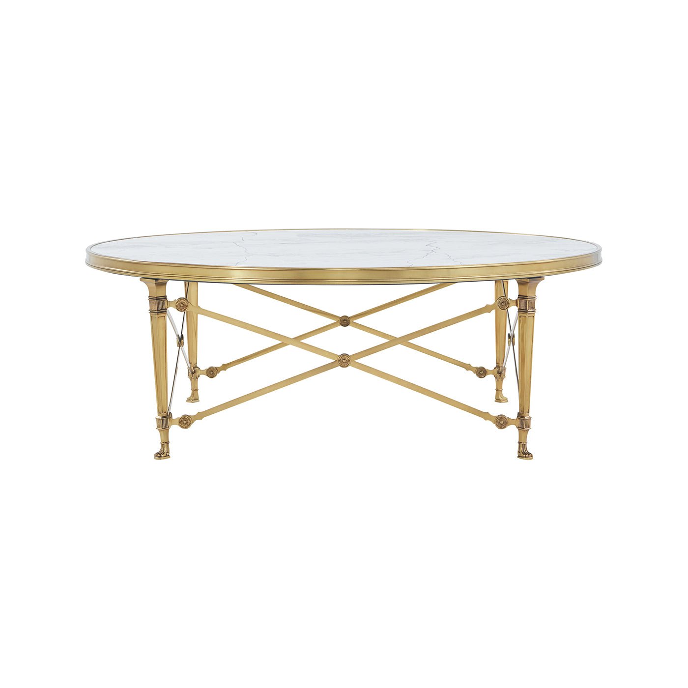 Side view of round coffee table, marble and gold.
