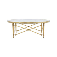 Side view of round coffee table, marble and gold.