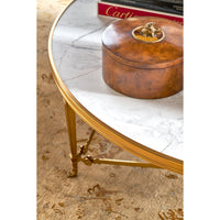Detailed view of coffee table edge, marble surface.