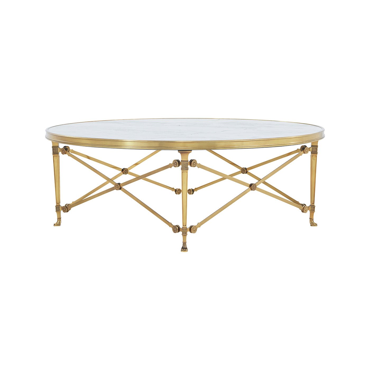 Front view of round coffee table with ornate legs.