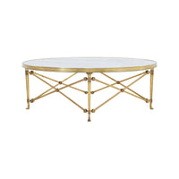 Front view of round coffee table with ornate legs.