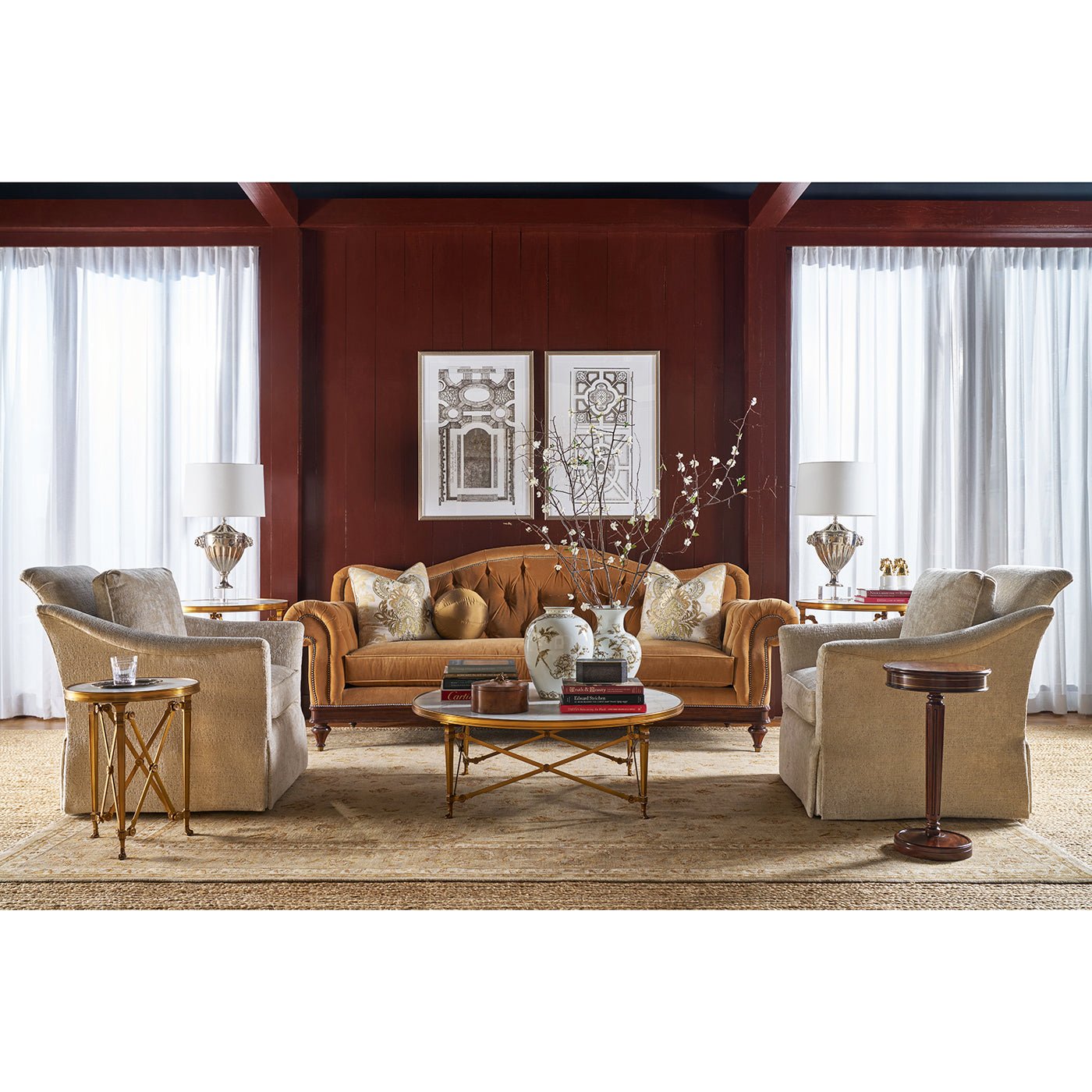 Stylish living room featuring round end tables, cozy seating.