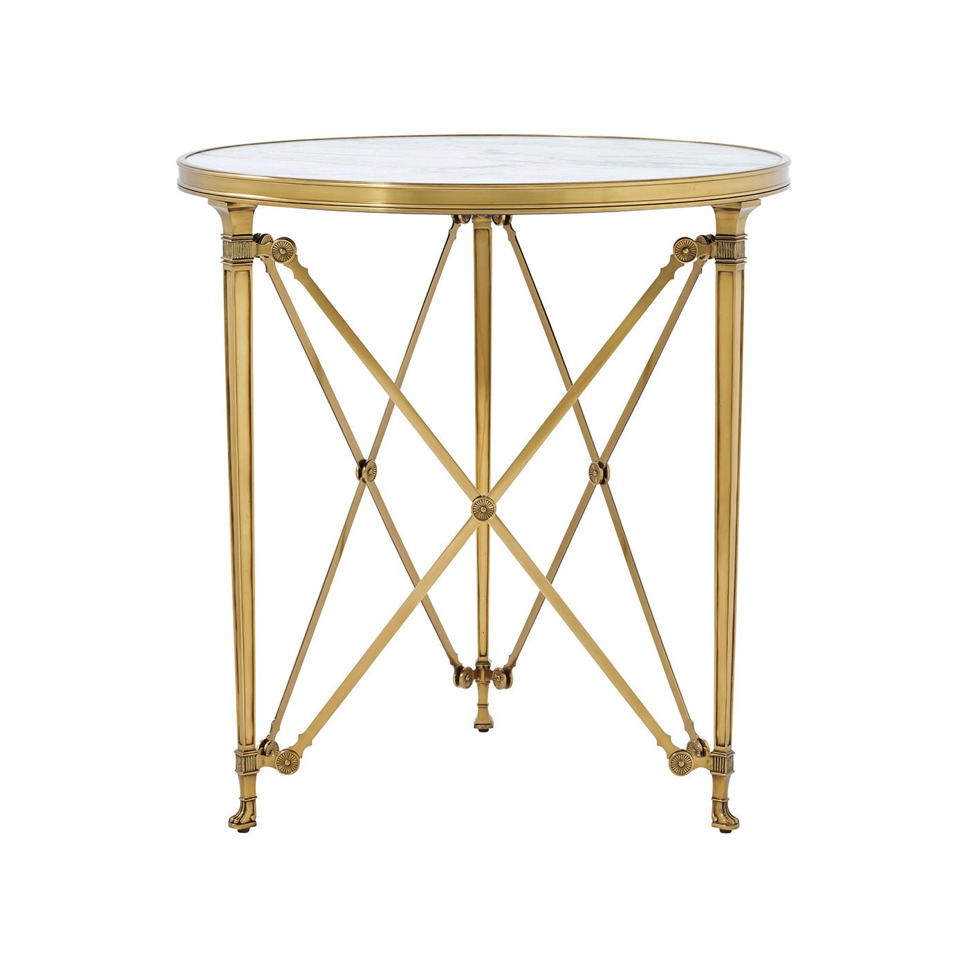 Side view of round end table, crisscross gold design.