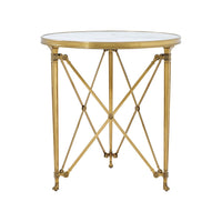 Side view of round end table, crisscross gold design.