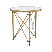 Elegant round end table with marble top, gold legs.