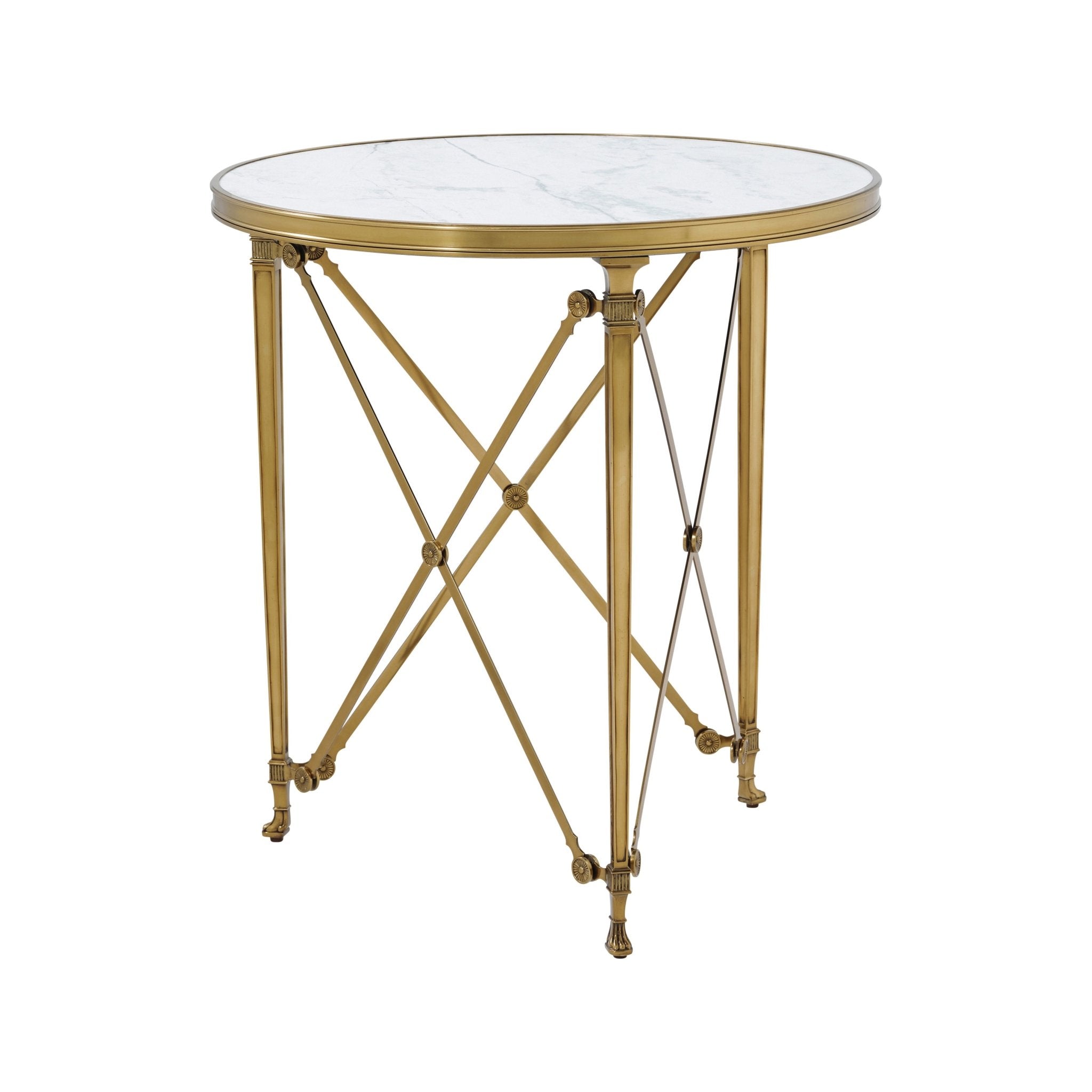 Elegant round end table with marble top, gold legs.