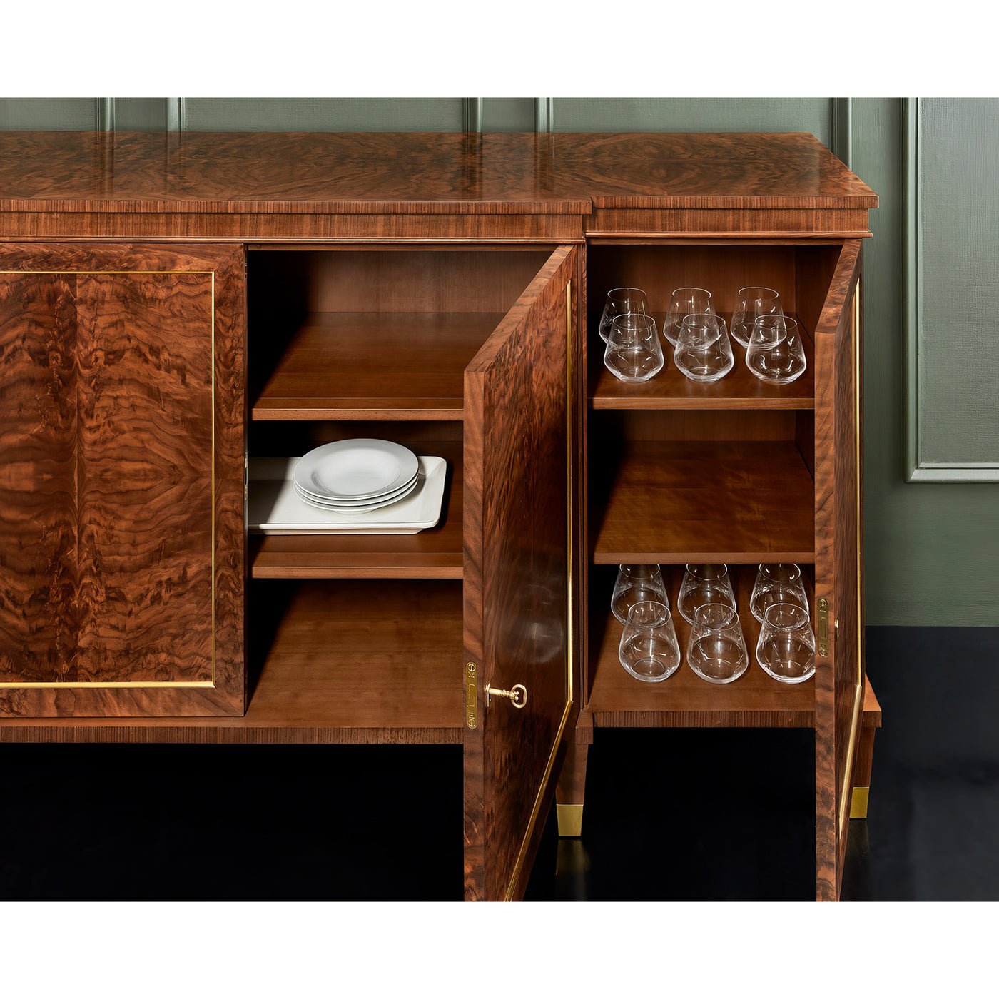 French Empire Walnut Sideboard, open cabinet with contents.