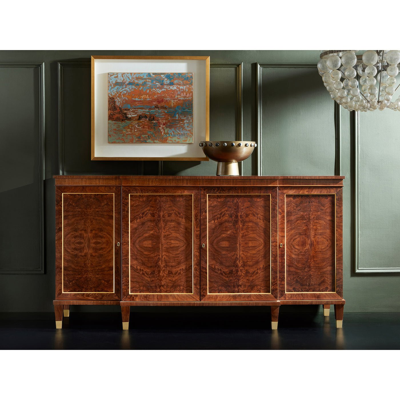 French Empire Walnut Sideboard, styled with decor.