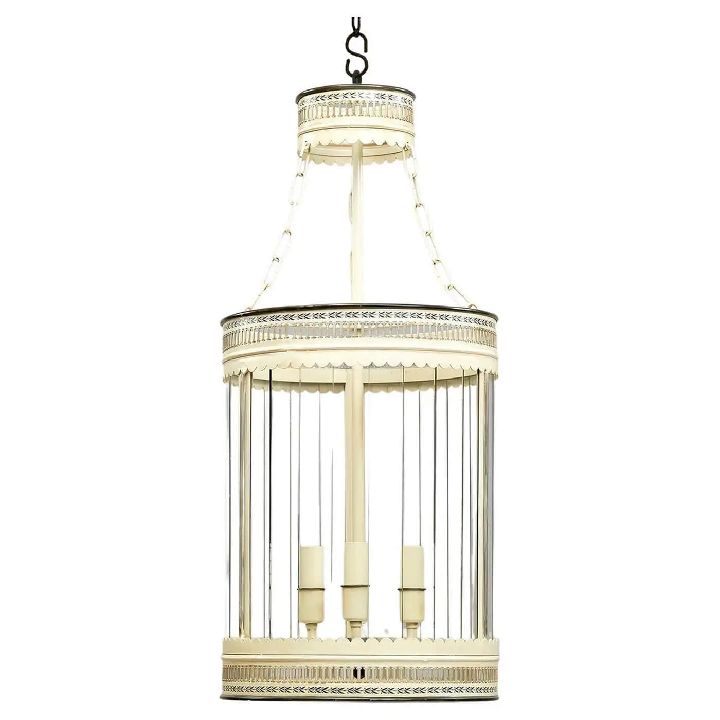 Elegant French ivory lantern full view with chain.