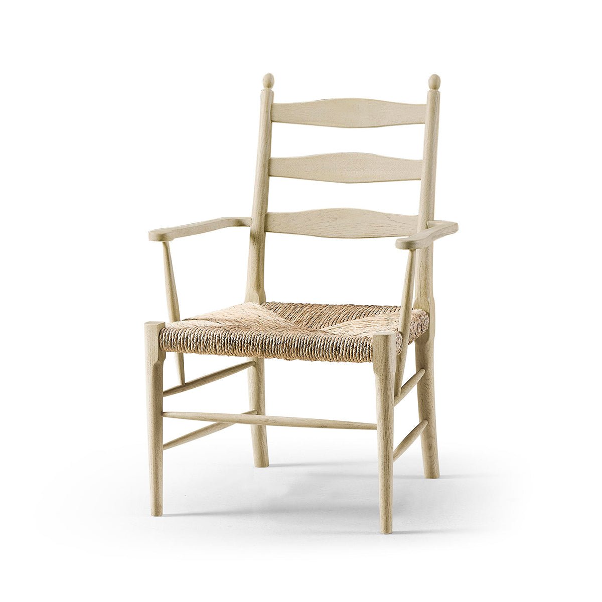 Ladderback arm chair without cushions, side angle view.
