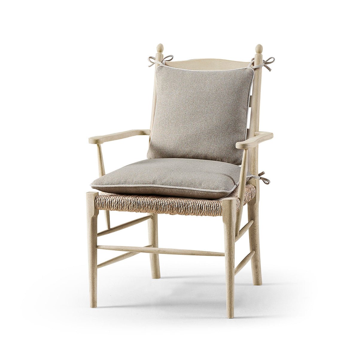 Ladderback arm chair with cushions, front angle view.