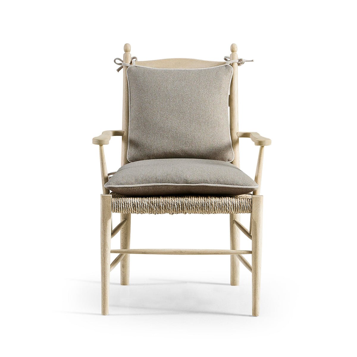Front view of ladderback arm chair, cushioned, symmetrical.
