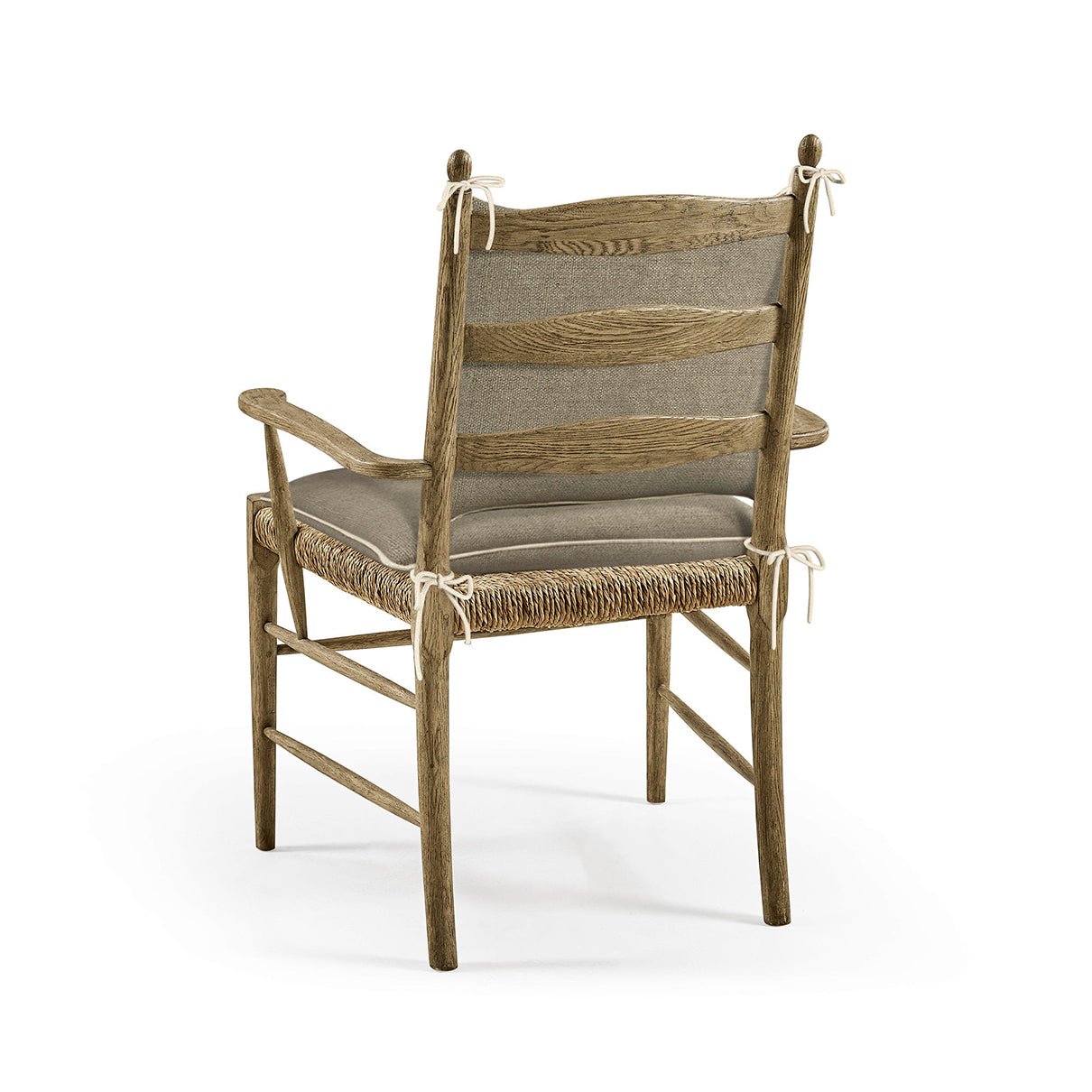 Ladderback chair with cushion, back view showing ties.