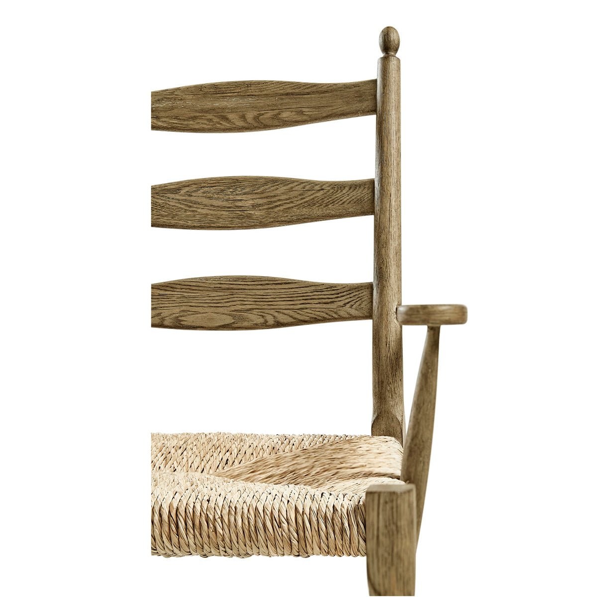 Side view of backrest and seat on ladderback chair.