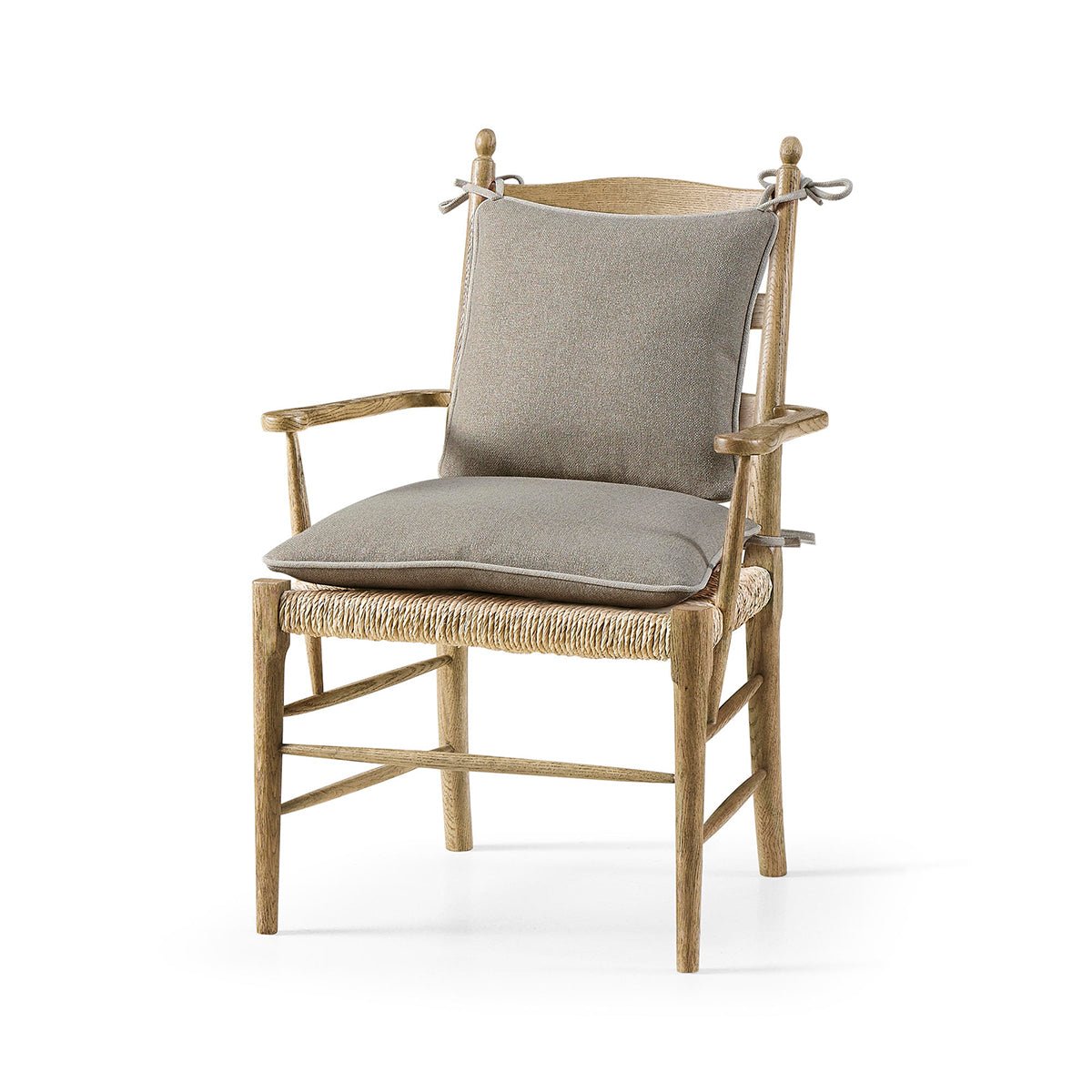 French ladderback arm chair with cushion, front angle view.