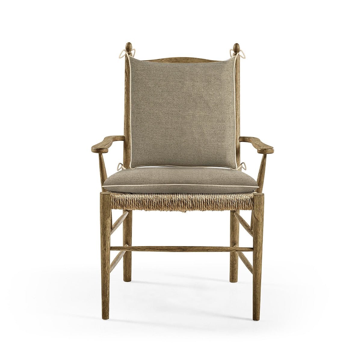 Ladderback arm chair with cushion, head-on view.