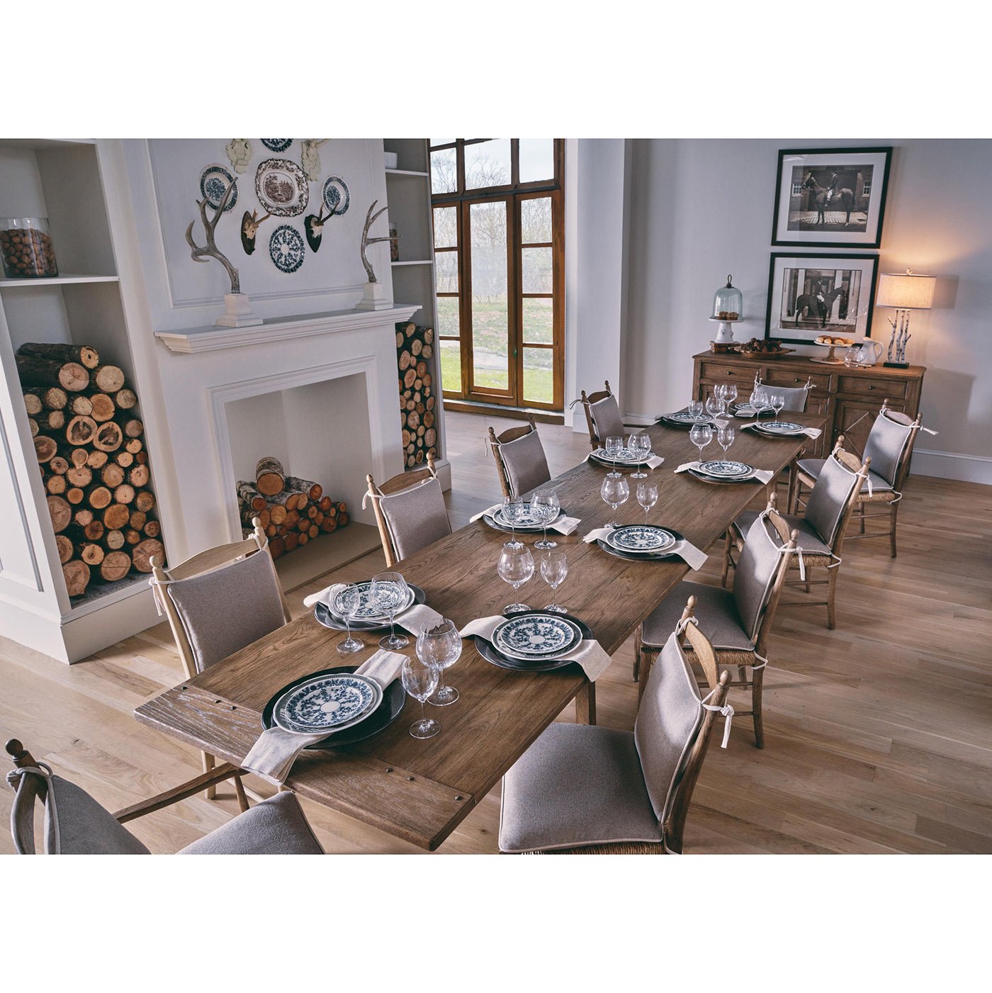 Dining room setup with French ladderback chairs.