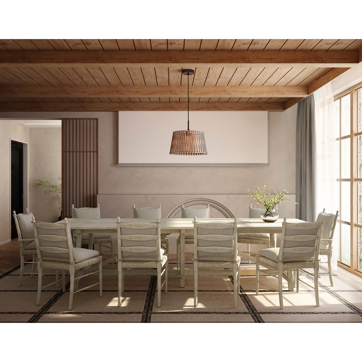 Dining room setup with wooden furniture and chairs.