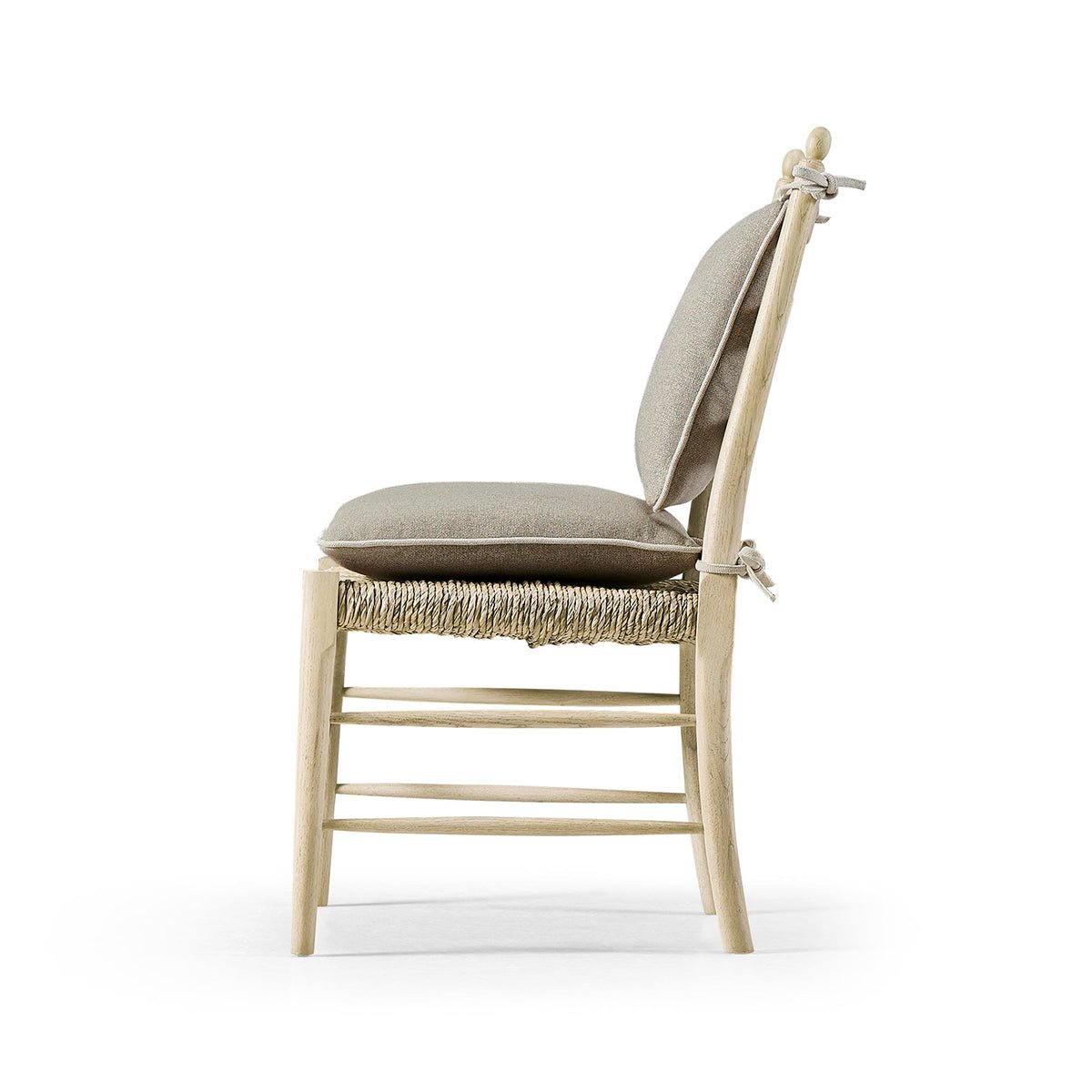 Wooden ladderback dining chair, side profile view.