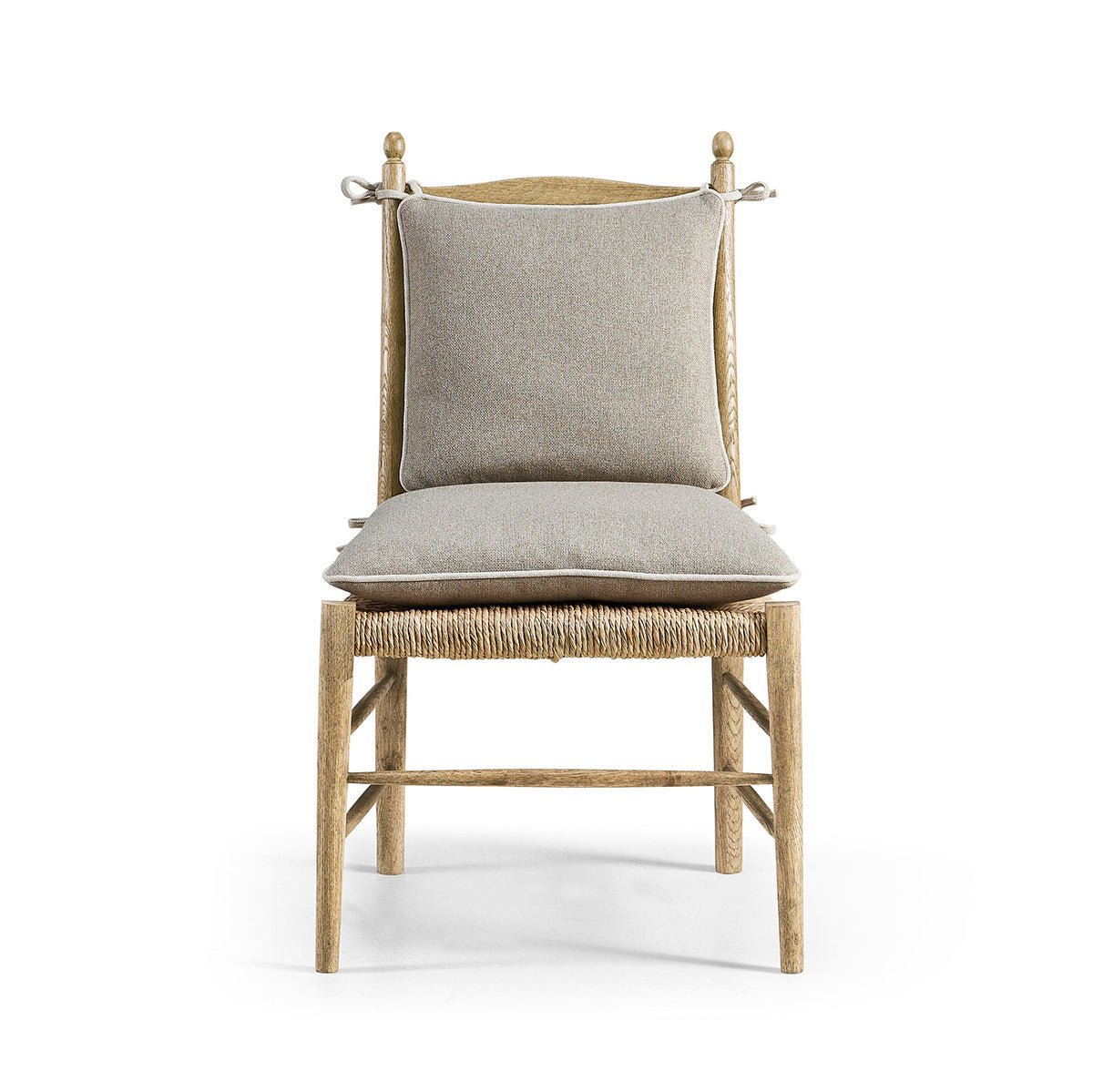 Ladderback dining chair with cushions, front angle view.