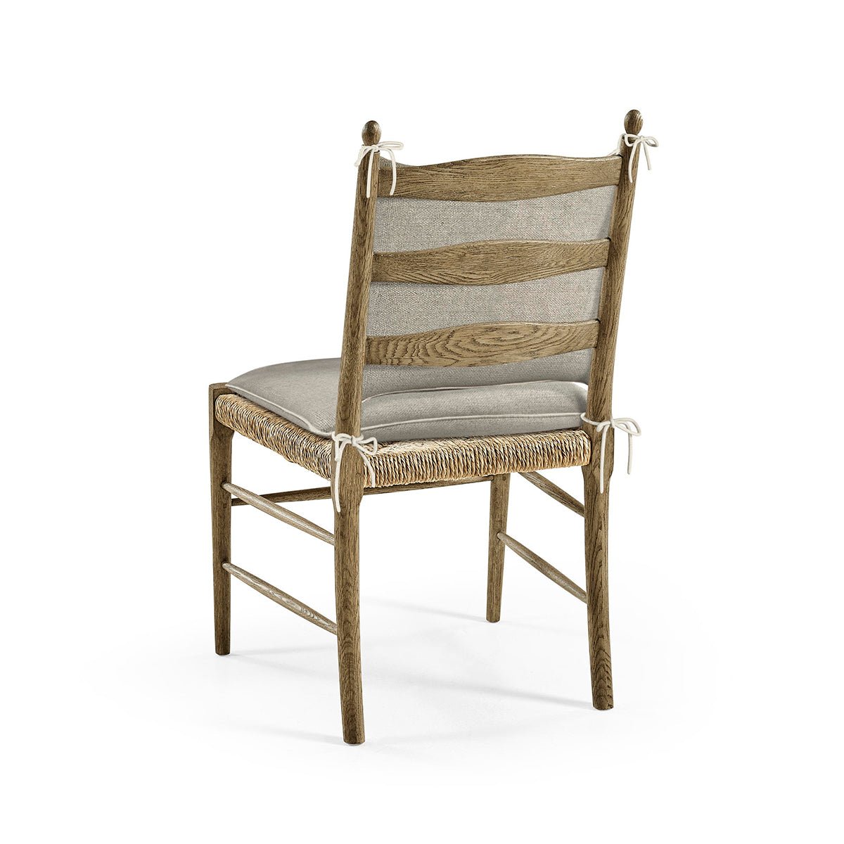 Back view ladderback dining chair with cushions.