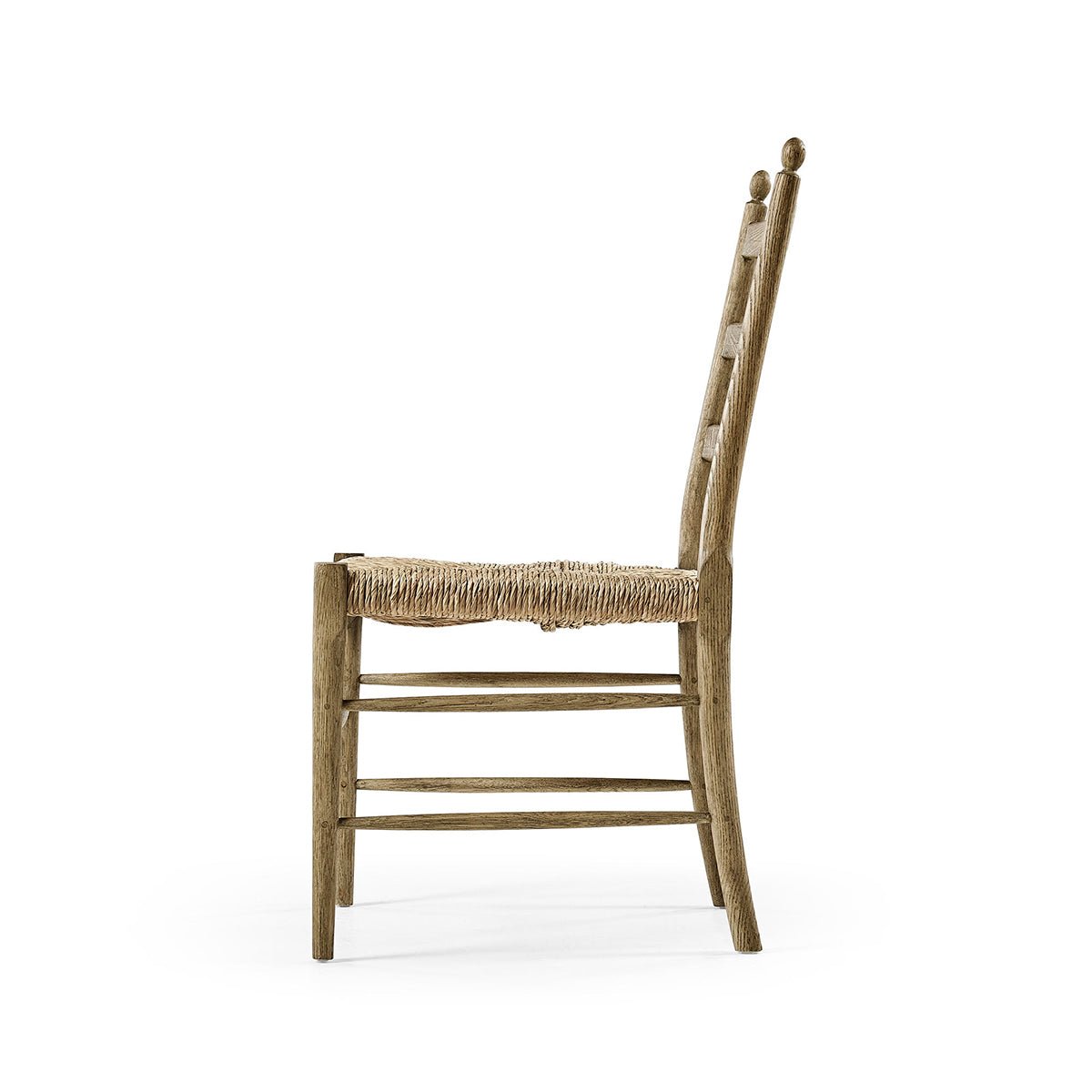 Side profile ladderback dining chair without cushions.