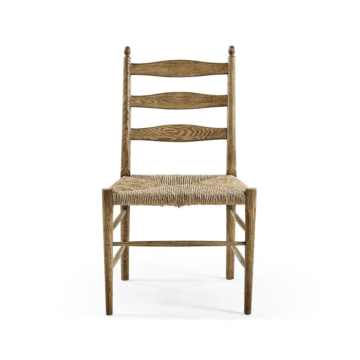 Ladderback dining chair without cushions, front view.
