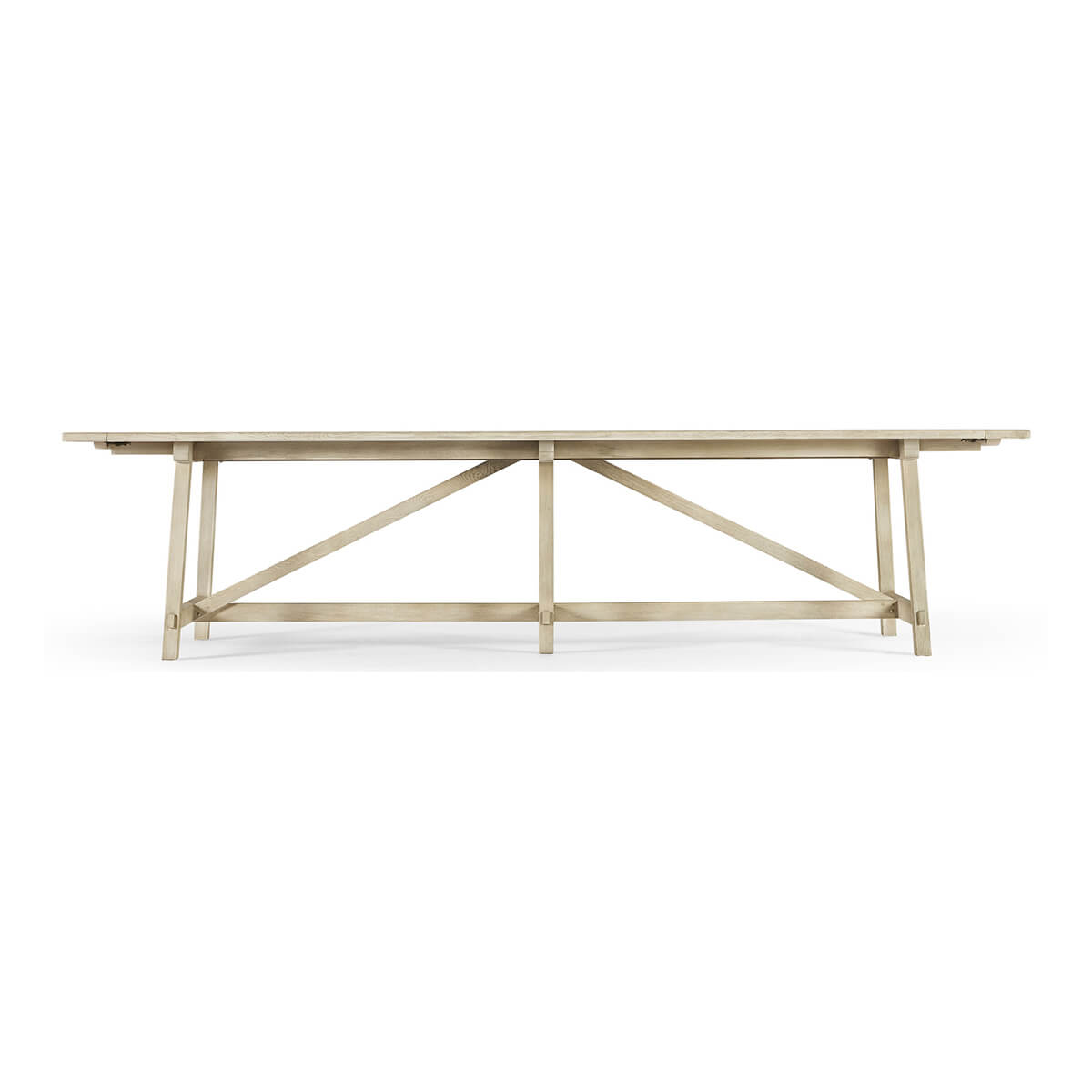 Wooden dining table, front view with X-cross legs.