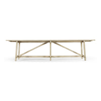 Wooden dining table, front view with X-cross legs.