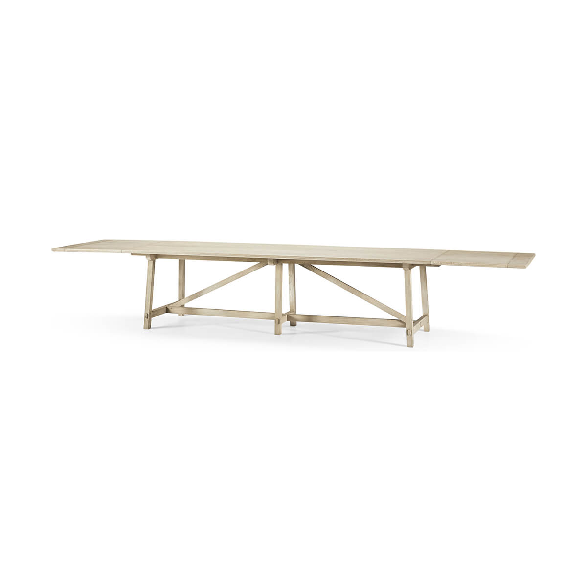 Extended wooden dining table, side view.