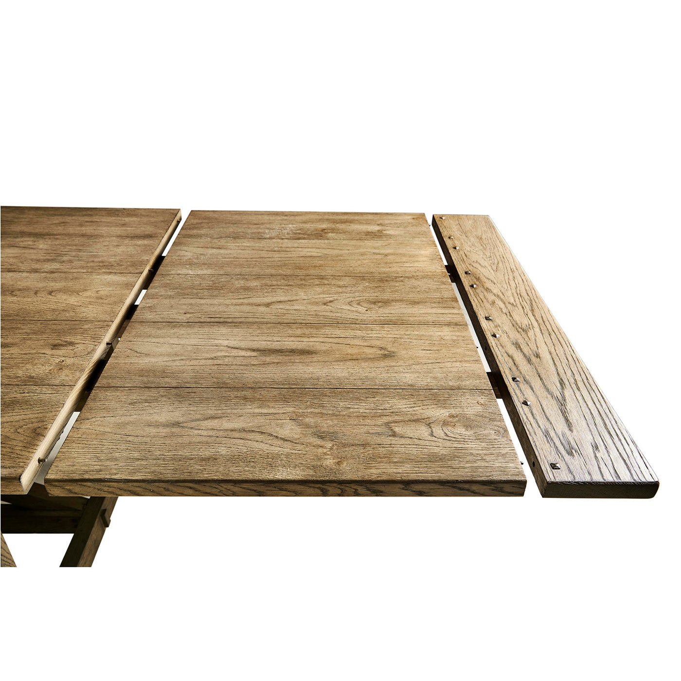 Wood dining table extension detail, partial view.