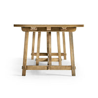 Dining table close-up, end view of trestle legs.