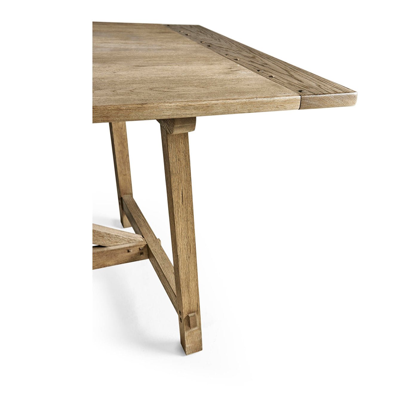 Corner of wooden dining table, detailed side view.