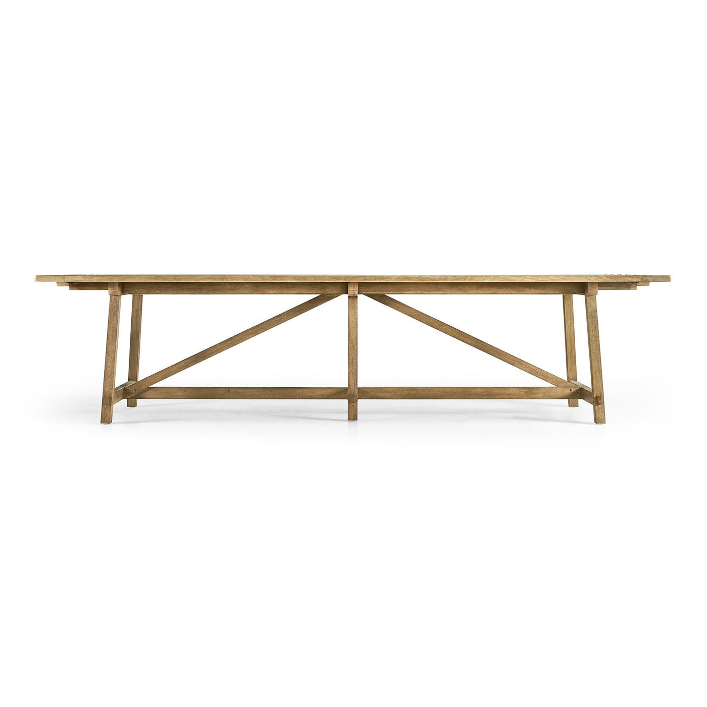Wooden dining table, side view showing legs.