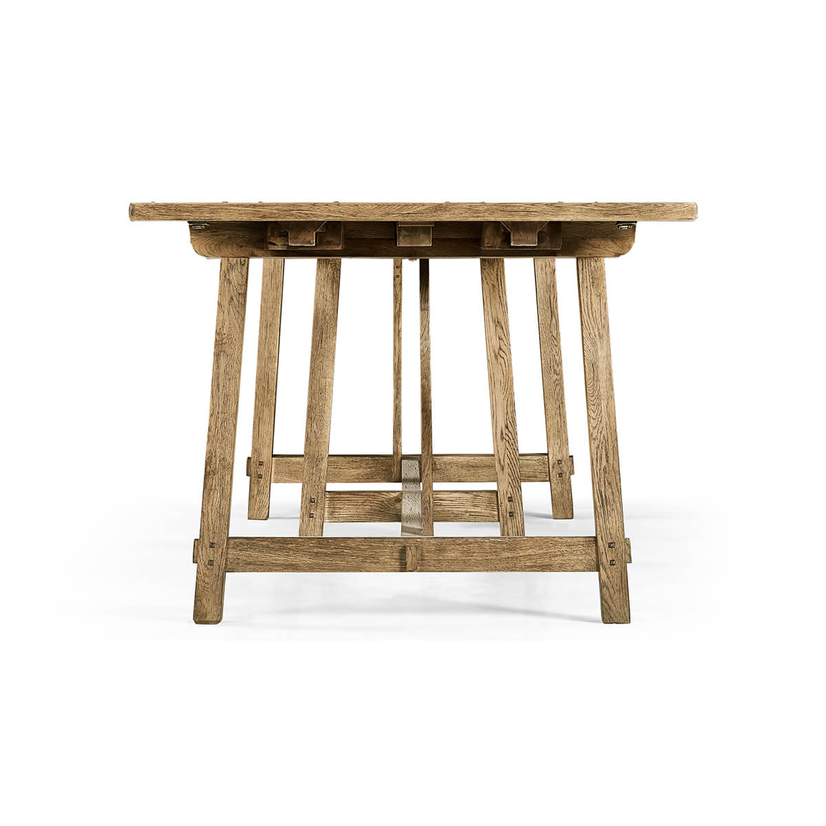 Wooden dining table, head-on view, sturdy legs detail.