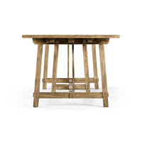 Wooden dining table, head-on view, sturdy legs detail.