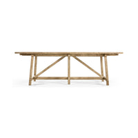 Rectangular dining table, wooden, straight side view.