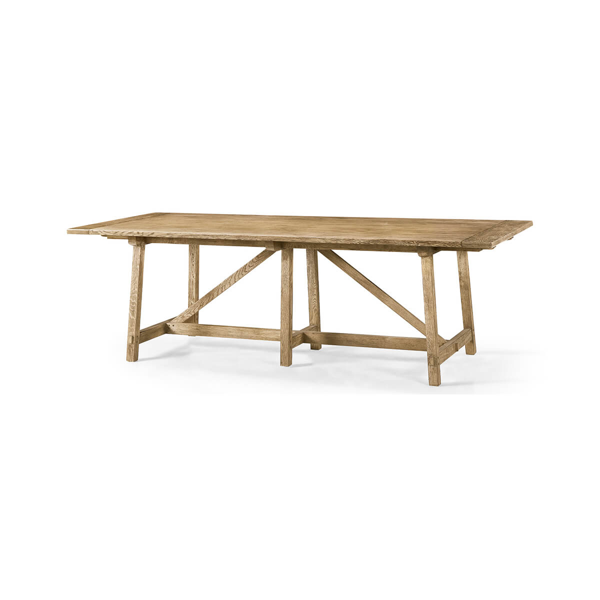 Dining table, retracted, wooden, angled side view.