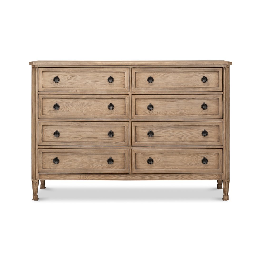 Straight-on view of French oak dresser with drawers.