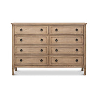 Straight-on view of French oak dresser with drawers.