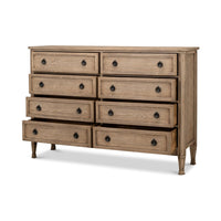 Dresser with partially open drawers, light oak finish.